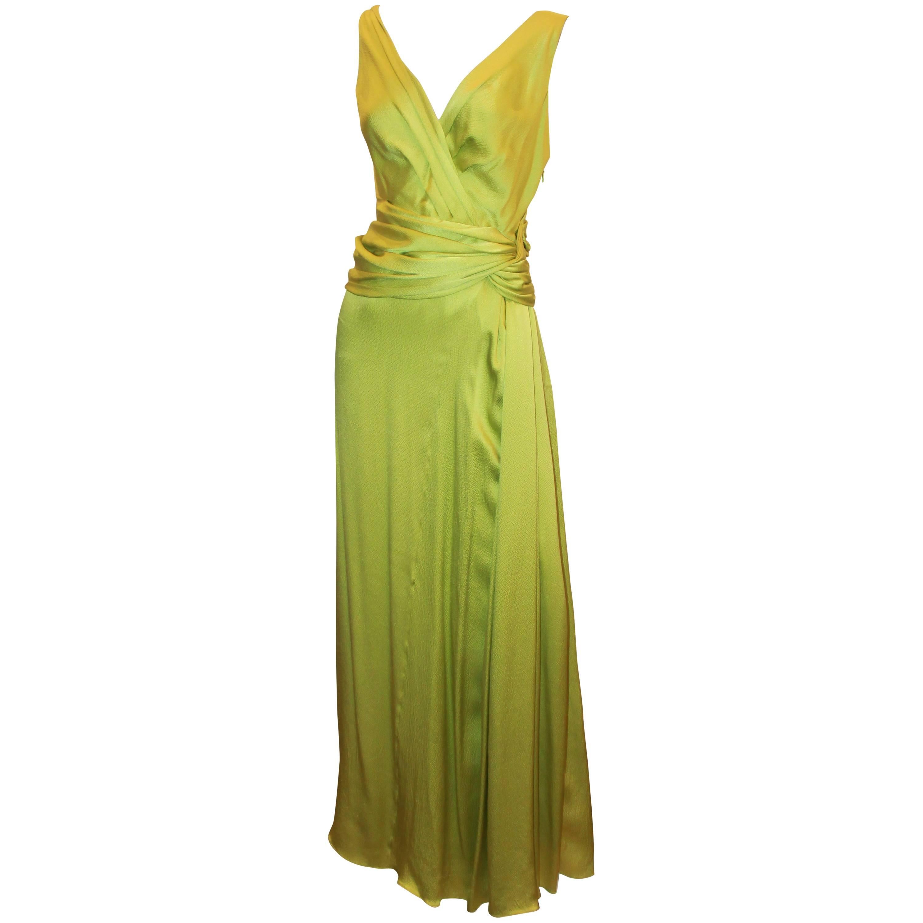Christian Dior Canary Green Silk Sleeveless Ruched Gown 