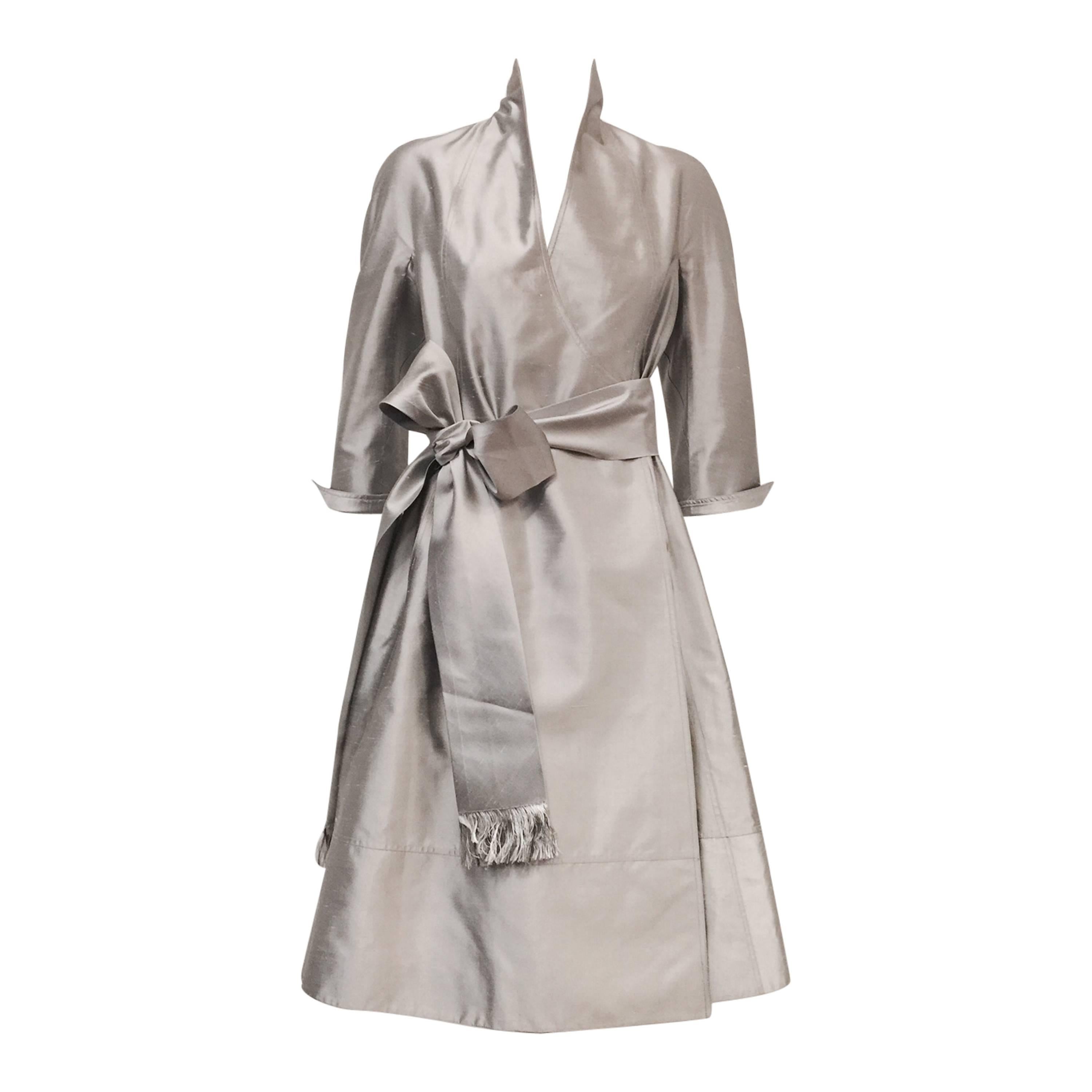 Chado Ralph Rucci Platinum Silk Shantung Wrap Dress With Sash 