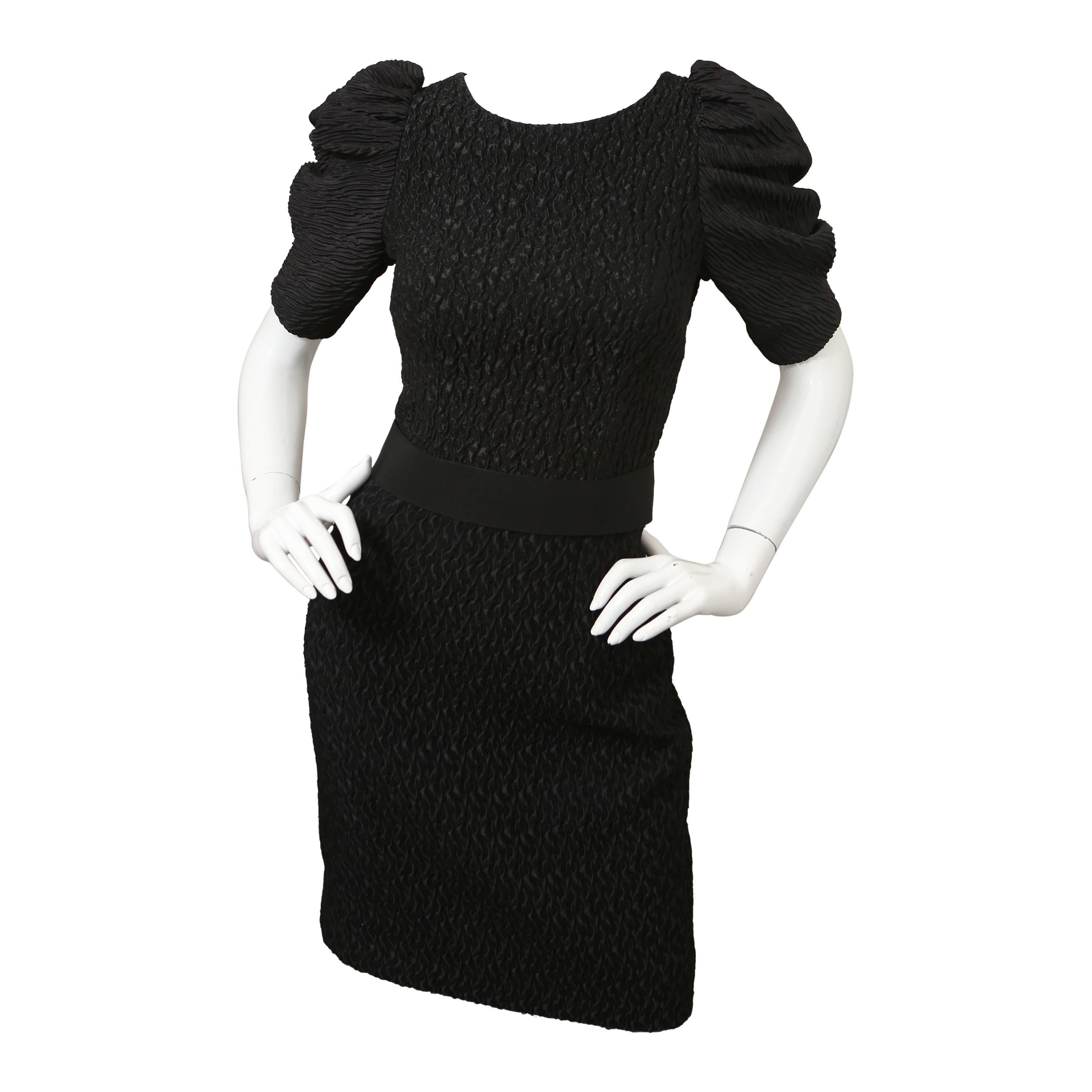 Dolce & Gabbana Puff-Sleeved Black Textured Dress with Attached Belt