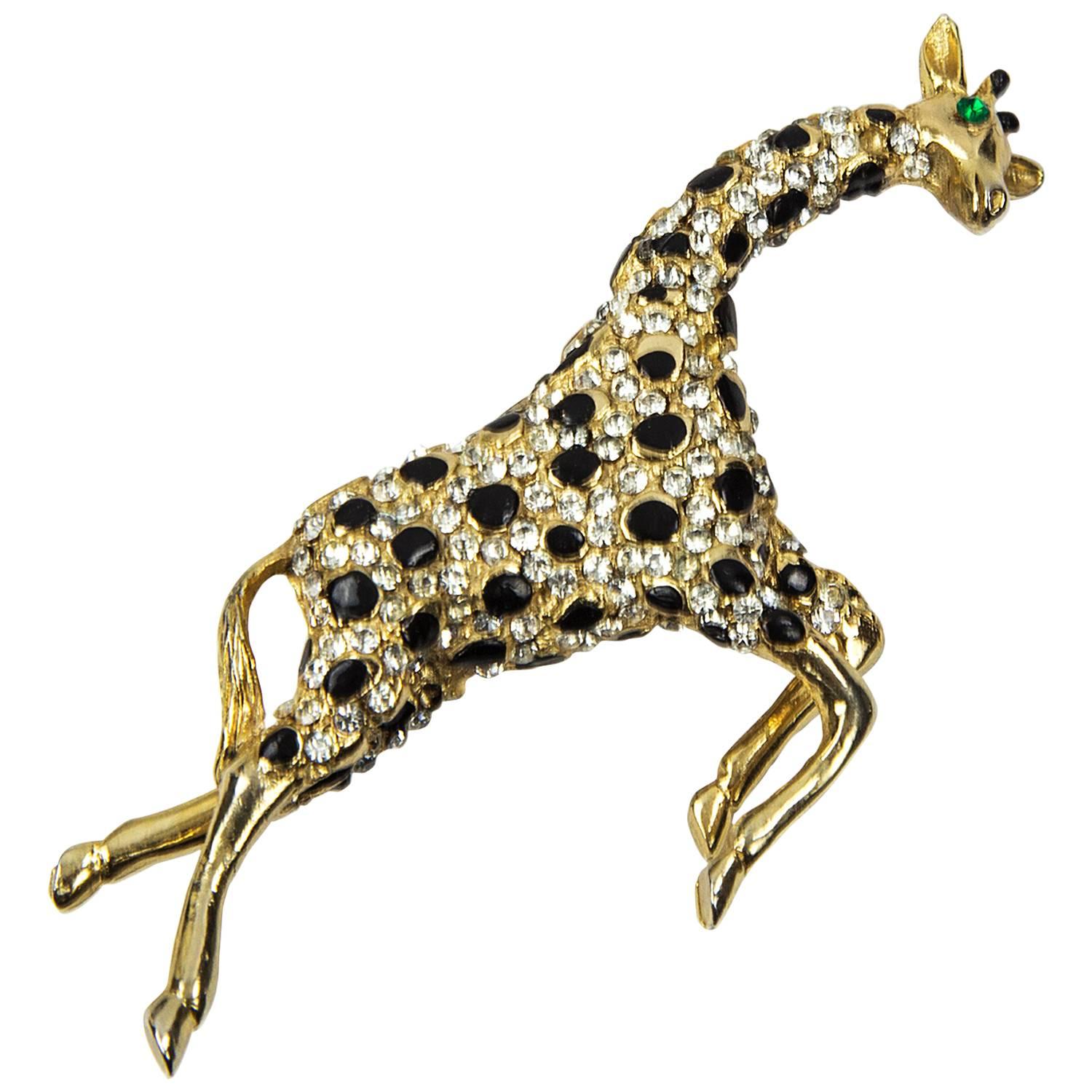 Signed Hattie Carnegie Enamel CZ Giraffe Figural Brooch Pin