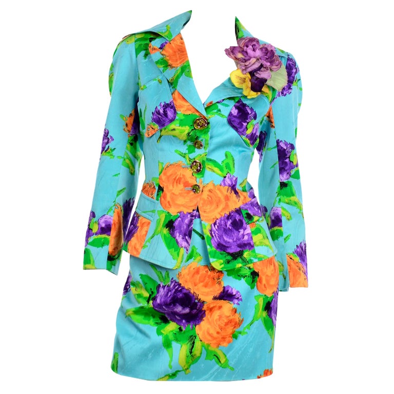 Christian Lacroix Vintage Mini Skirt Jacket Suit Colorful Turquoise Floral Print For Sale
