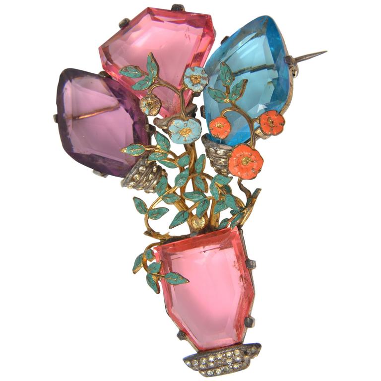 Early 1940's Leo Glass Multi Colored Potted Flower Brooch For Sale at ...