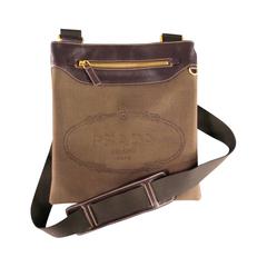 PRADA Brown Canvas & Leather Logo Crossbody Bag