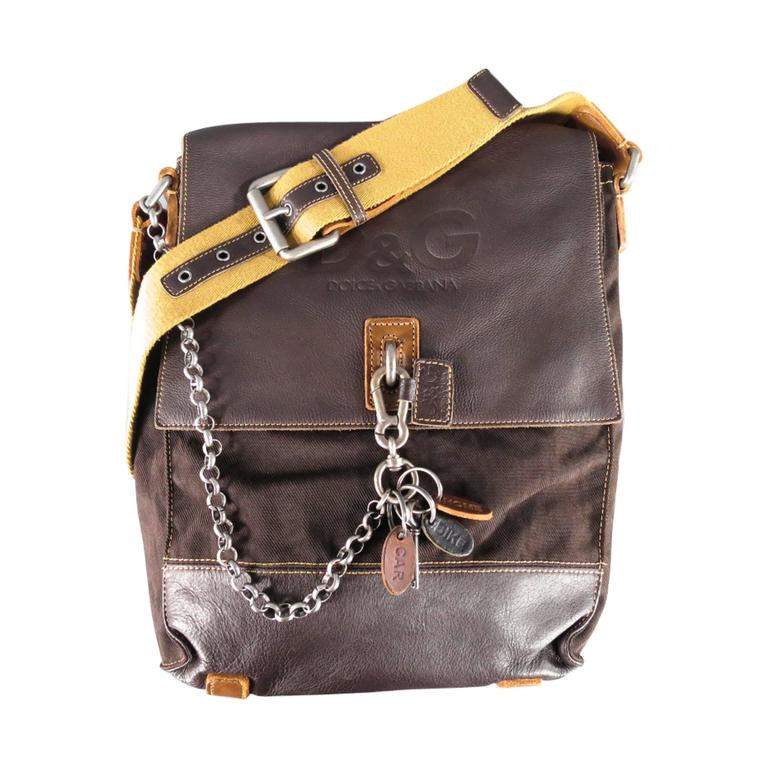 D&G Brown Canvas and Leather Crossbody Key Chain Lock Messenger