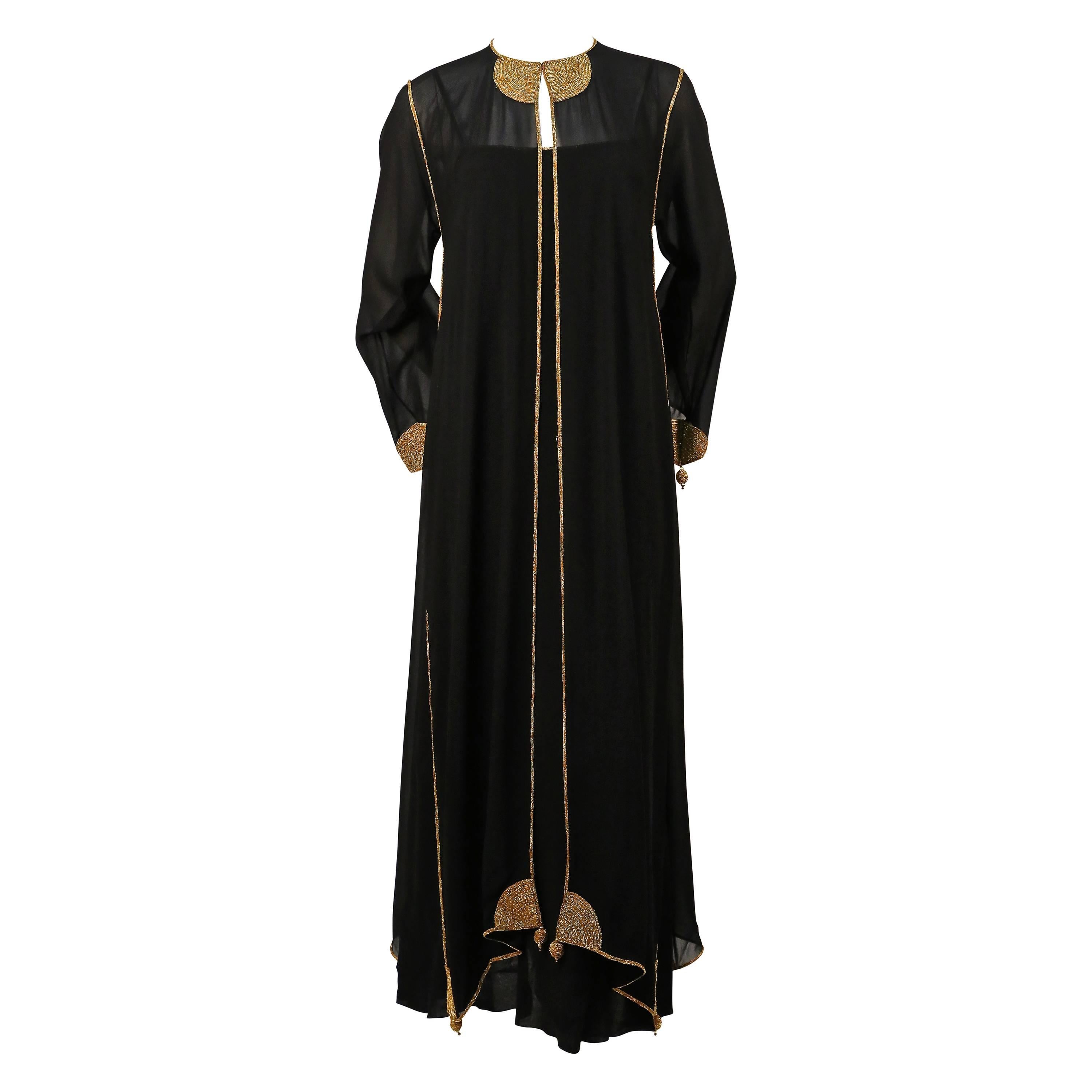 1970's KARL LAGERFELD for CHLOE black dress and kaftan jacket with gold trim