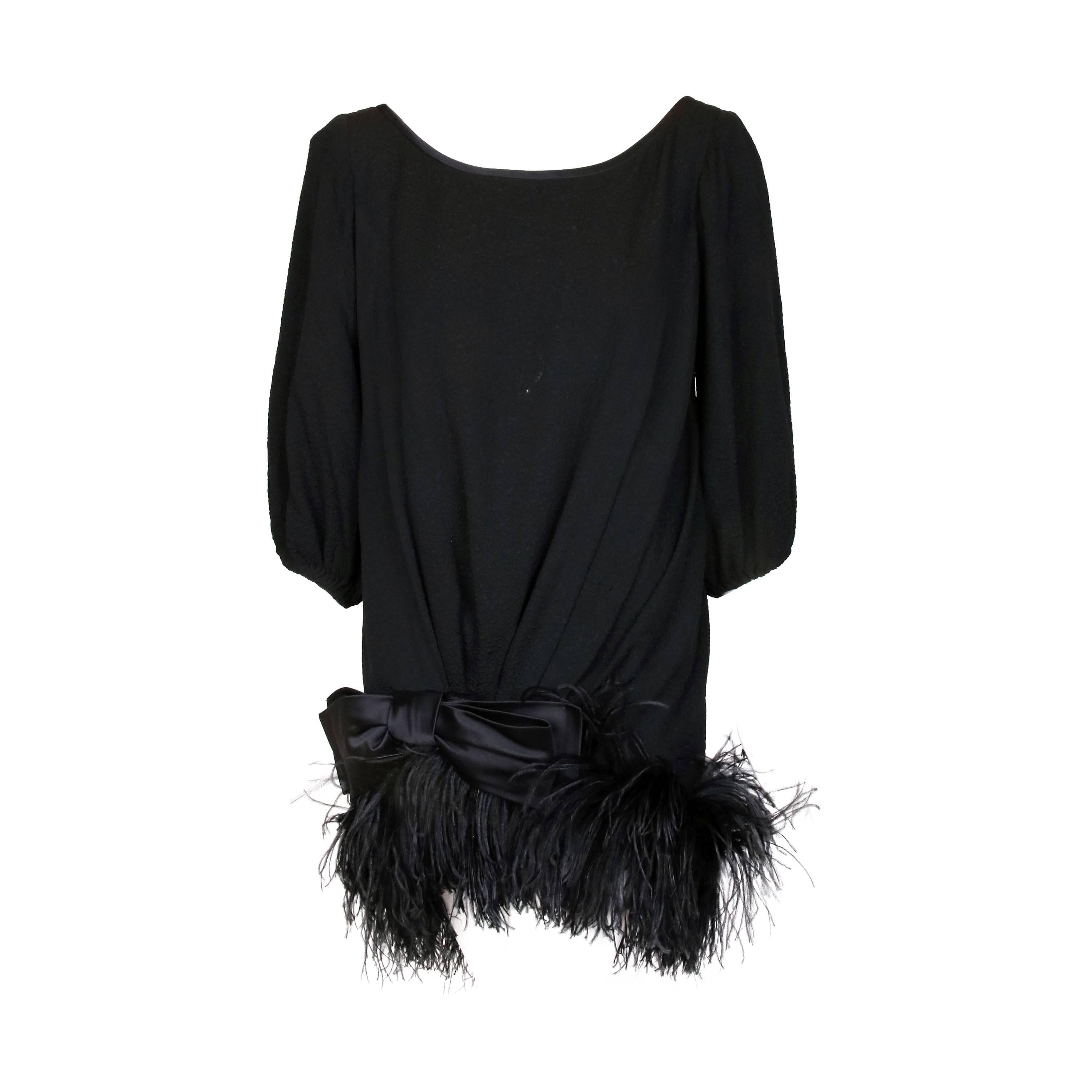 1970s Yves Saint Laurent Black Silk Cocktail Dress w/Maribou Feather Trim & Bow