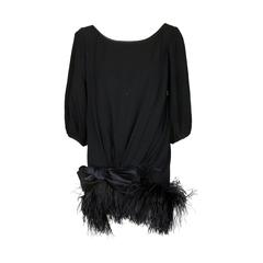 1970s Yves Saint Laurent Black Silk Cocktail Dress w/Maribou Feather Trim & Bow