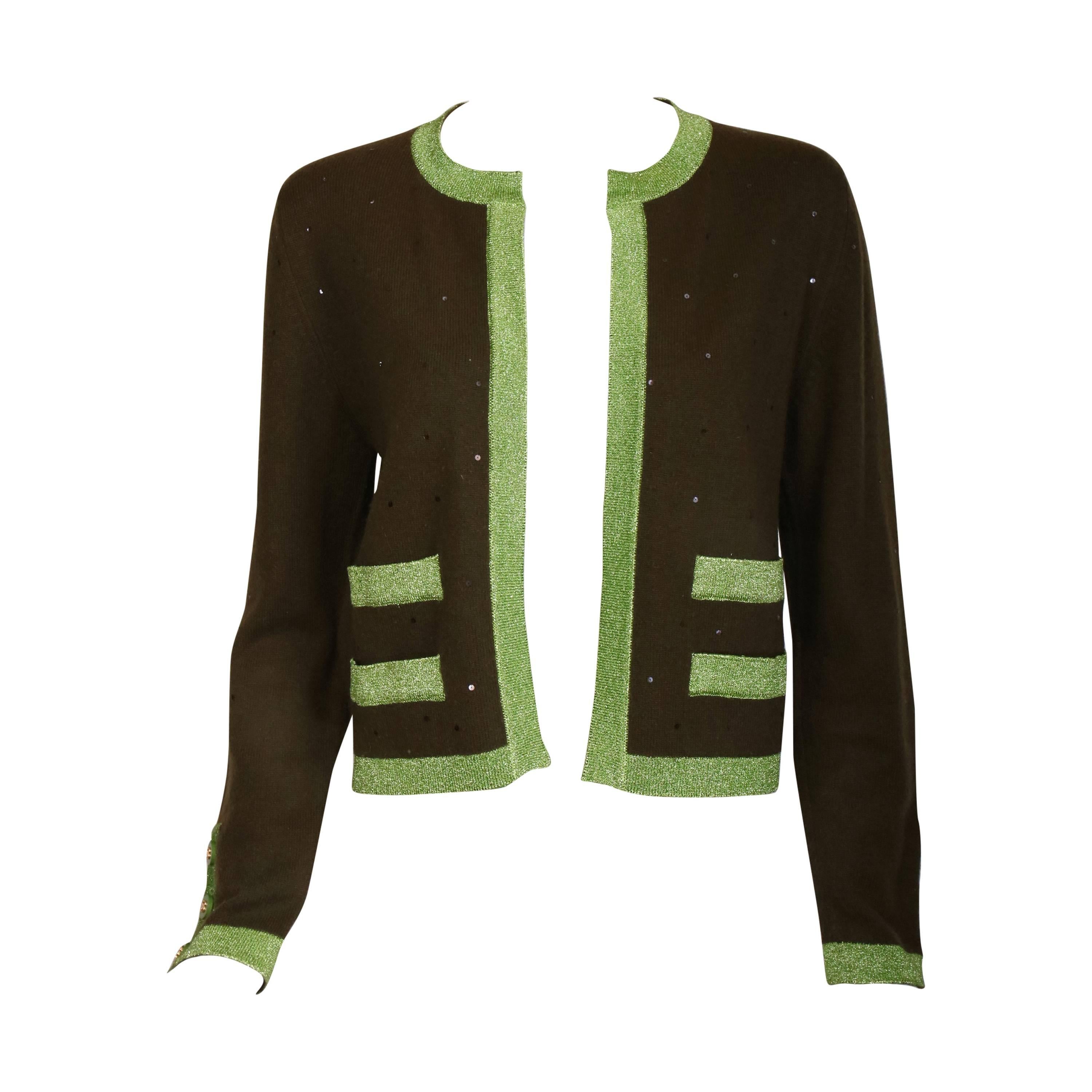 1996A Chanel Olive Green Cashmere Cardigan w/CC Logo Buttons 
Metallic Trim