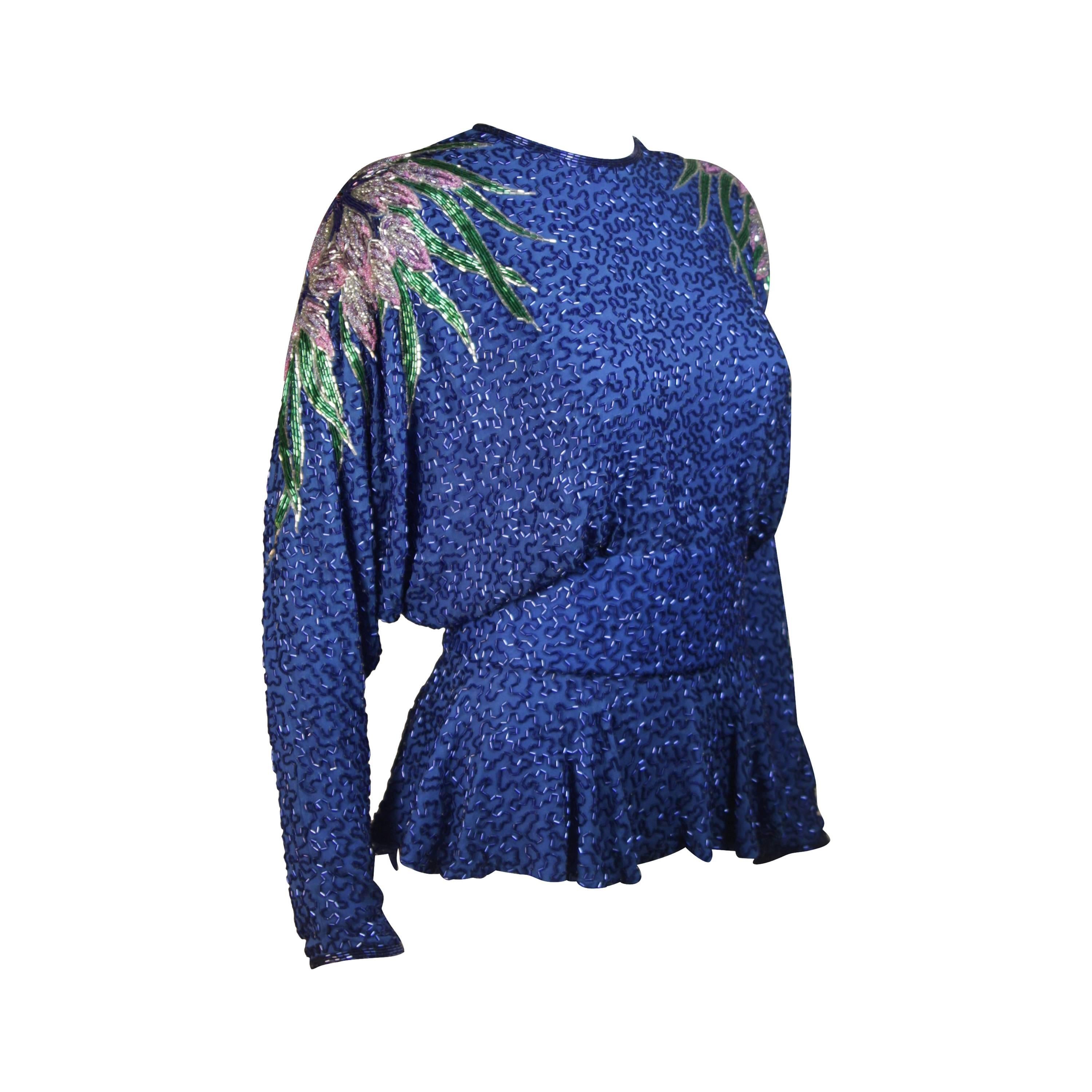 STEPHEN YEARIK Beaded Blouse with Open Back and Floral Motif Size 4-6 For Sale