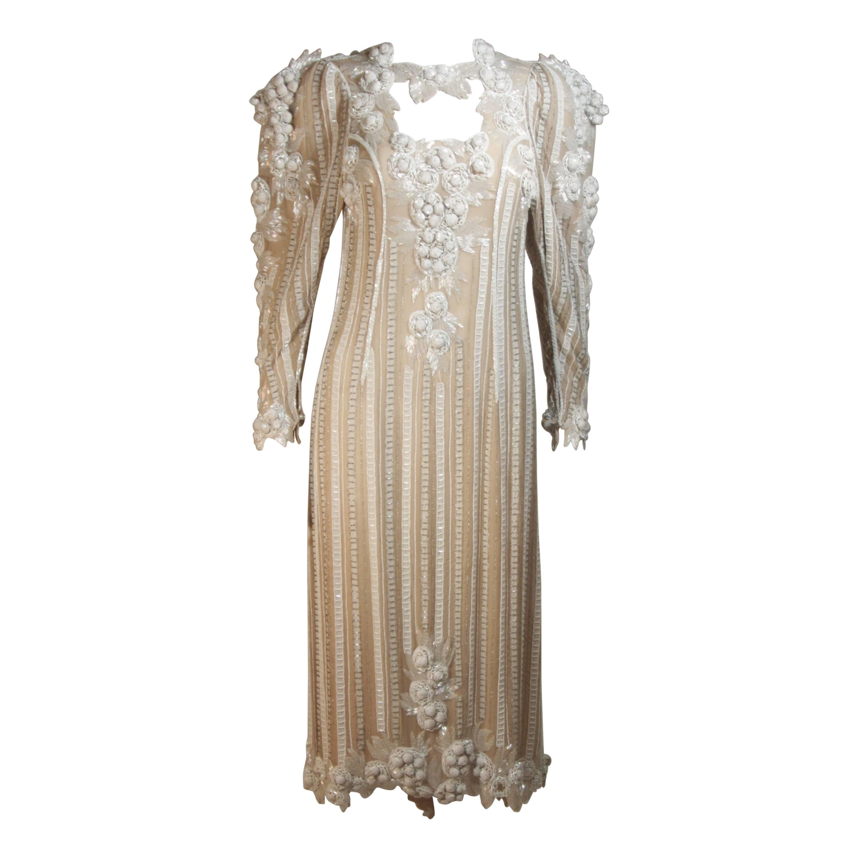APROPOS 1980's Ivory Beaded Gown with Shoulder Accents Size 6-8 For Sale