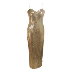 CUSTOM COUTURE Gold Sequin Gown with Rhinestone Applique & Straps Size 4 7
