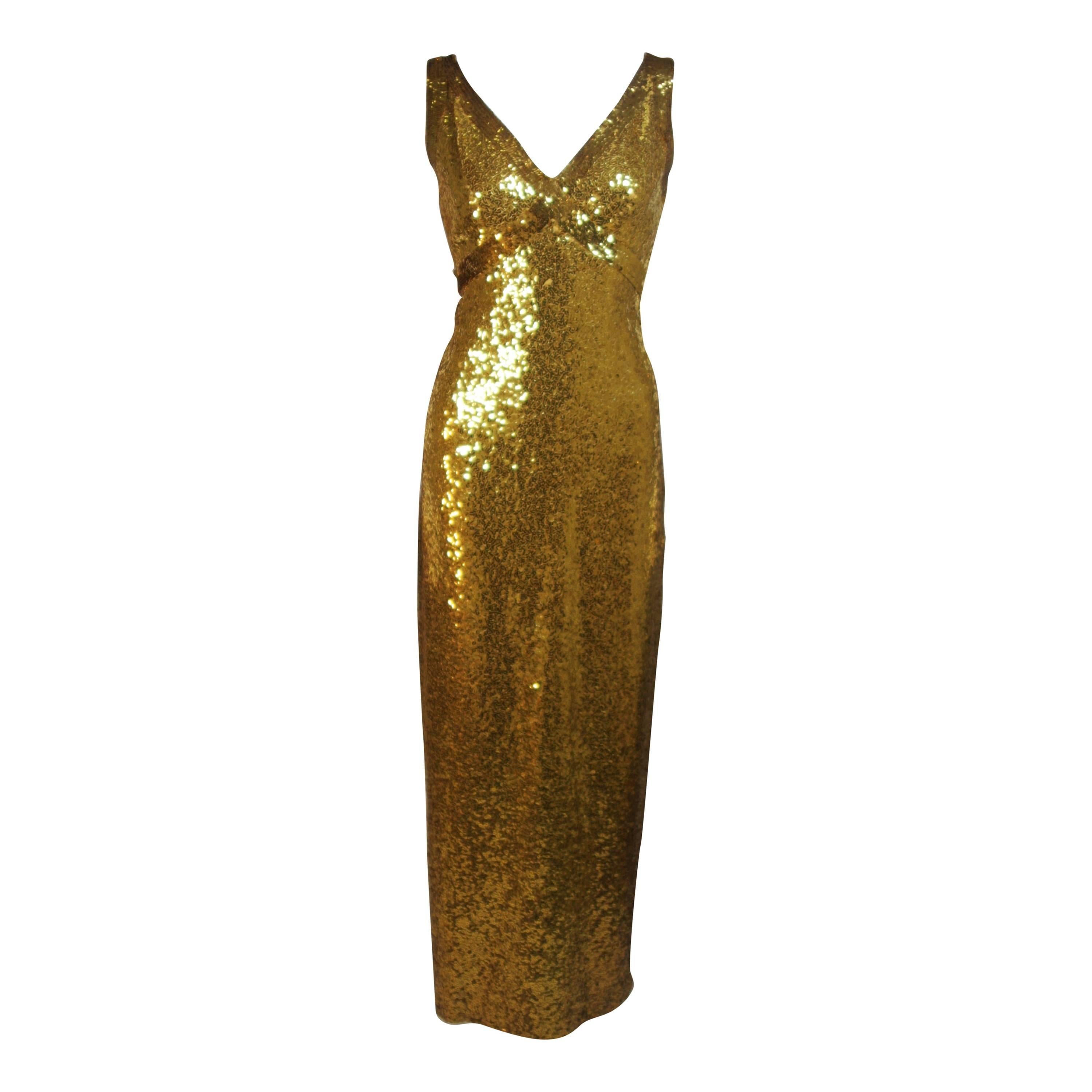 IRENE SARGENT Gold Sequin Gown with Empire Bust Size 6-8