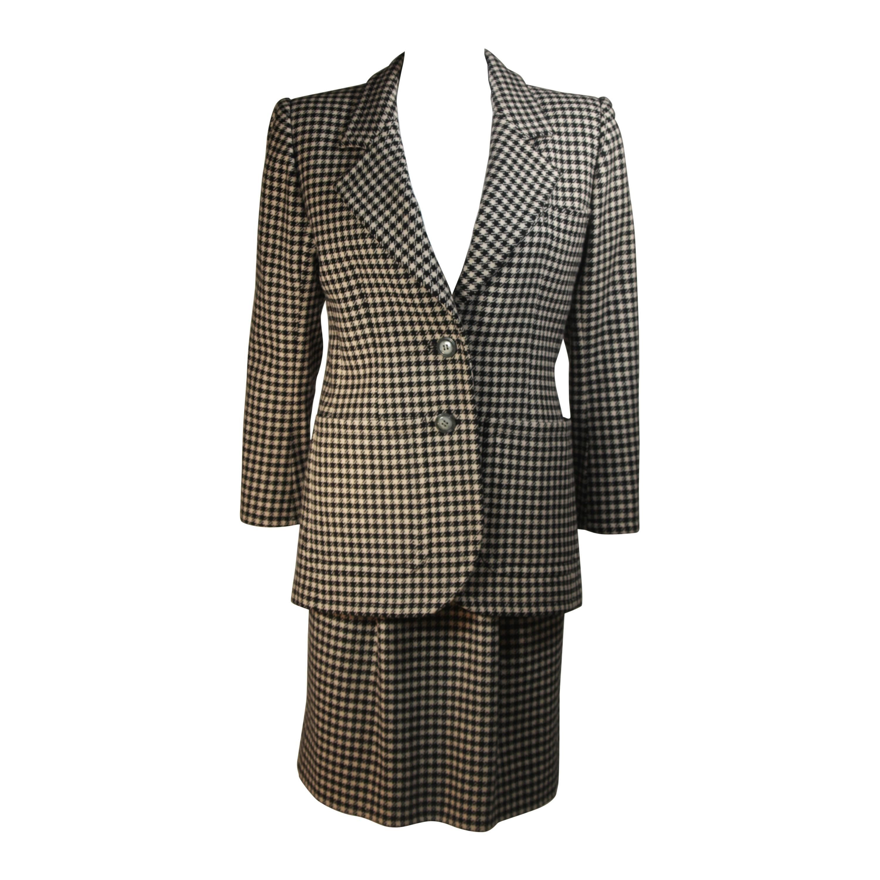 YVES SAINT LAURENT Black and White Wool Houndstooth Skirt Suit Size 36 40 For Sale