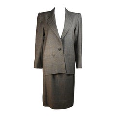 YVES SAINT LAURENT RIVE GAUCHE Grey Wool Plaid Skirt Suit with Blue Size 38 40