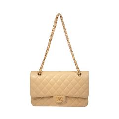 CHANEL Classic Medium Double Flap Quilted Purse in Beige