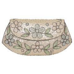 1930er Jahre Elfenbein Satin Perlen Floral Clutch Tasche