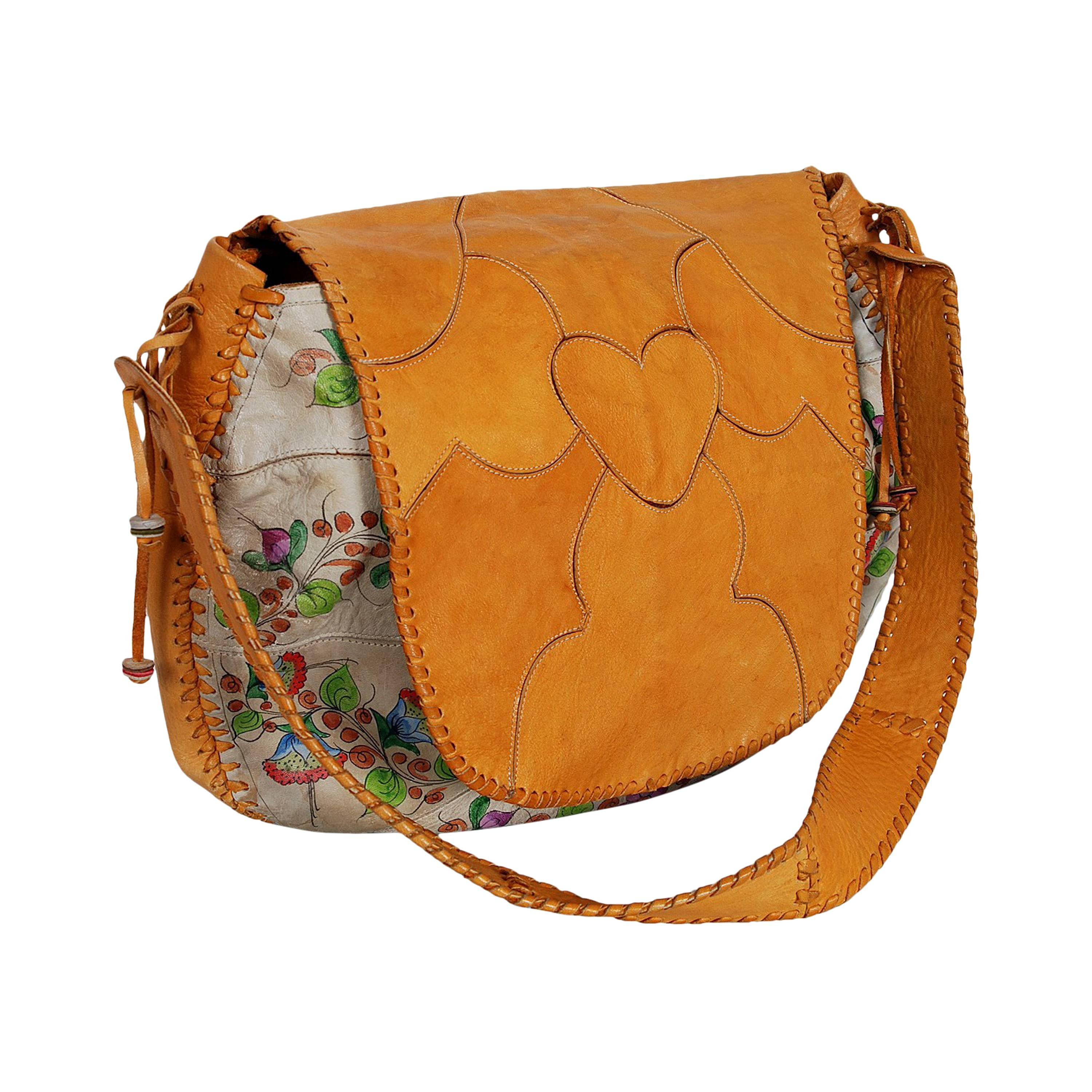 1970
s Char Handpainted Whipstitched Leather Bohemian Large Messanger Bag Purse