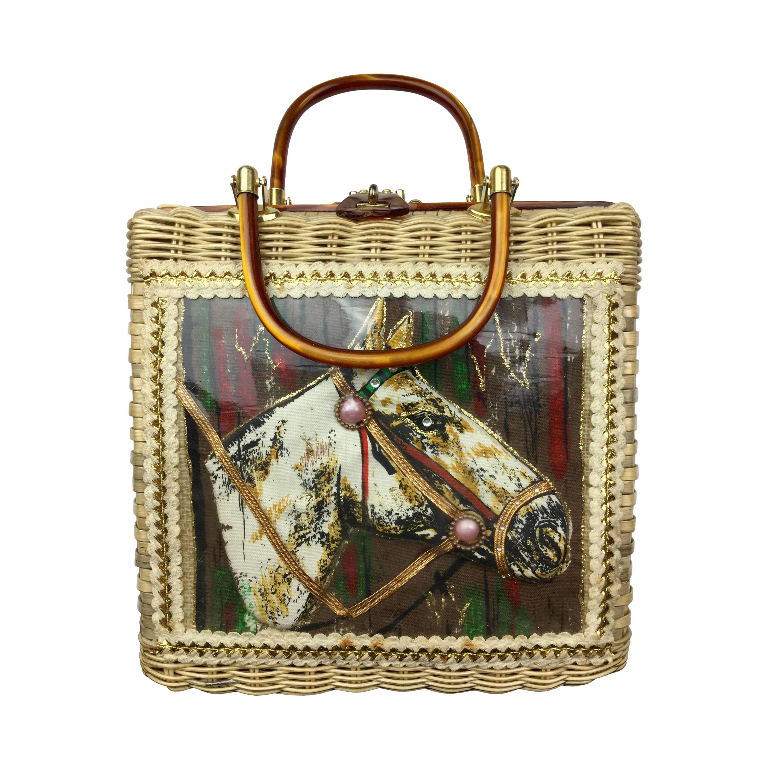Charming Wicker Handbag with Fabric Horse Portrait. 1950's.