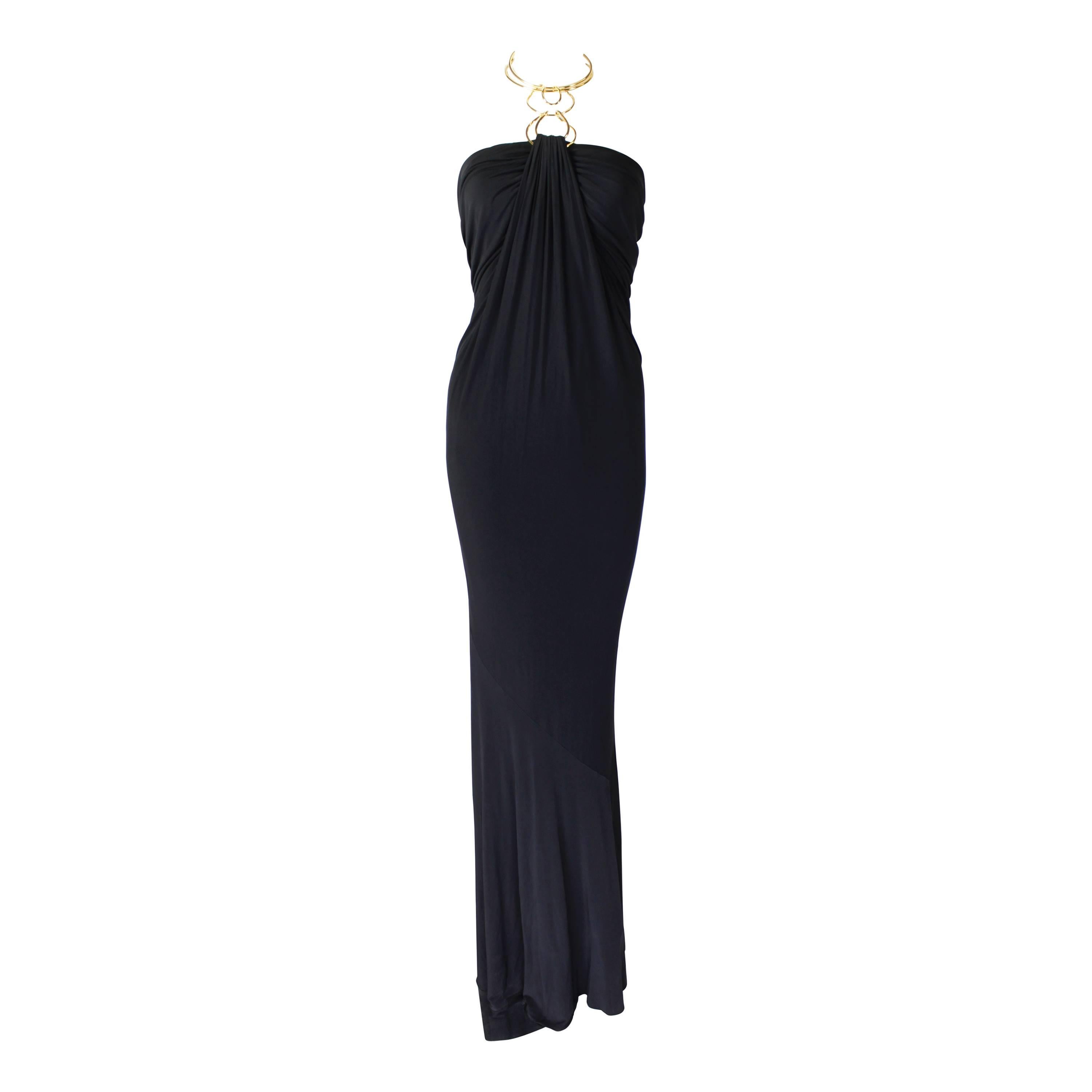 1990s Donna Karan Slinky Black Jersey Gown with Gold Choker Halter For Sale