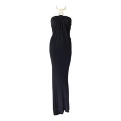 1990s Donna Karan Slinky Black Jersey Gown with Gold Choker Halter