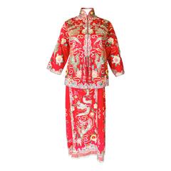Mid-Century Red Silk Sequined Ensemble with Dragon Motif Mid-Century Red Silk Sequined Ensemble with Dragon Motif