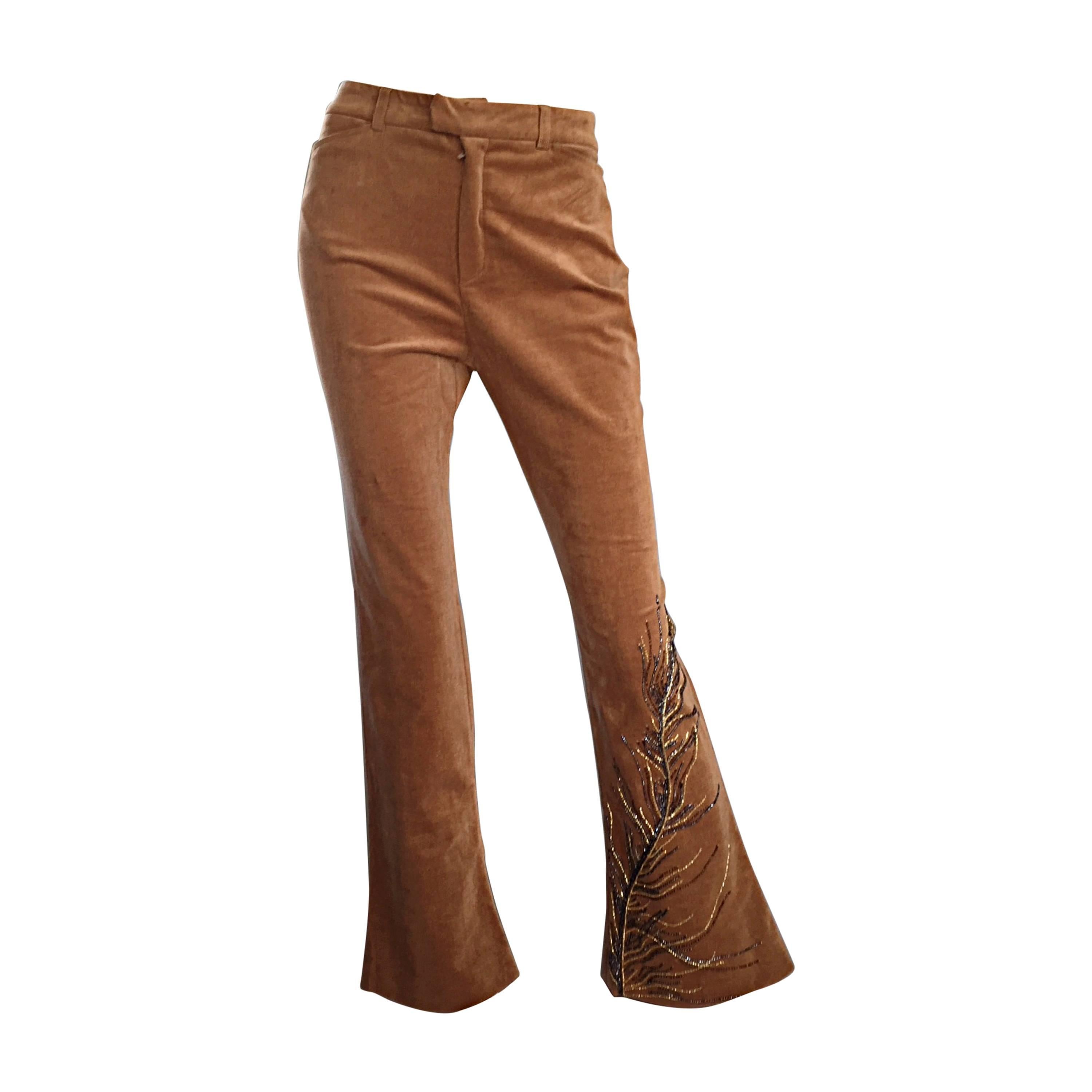 Amazing Patrick Mendes Tan Corduroy ' Peacock Feather ' Beaded Flare Leg Pants For Sale