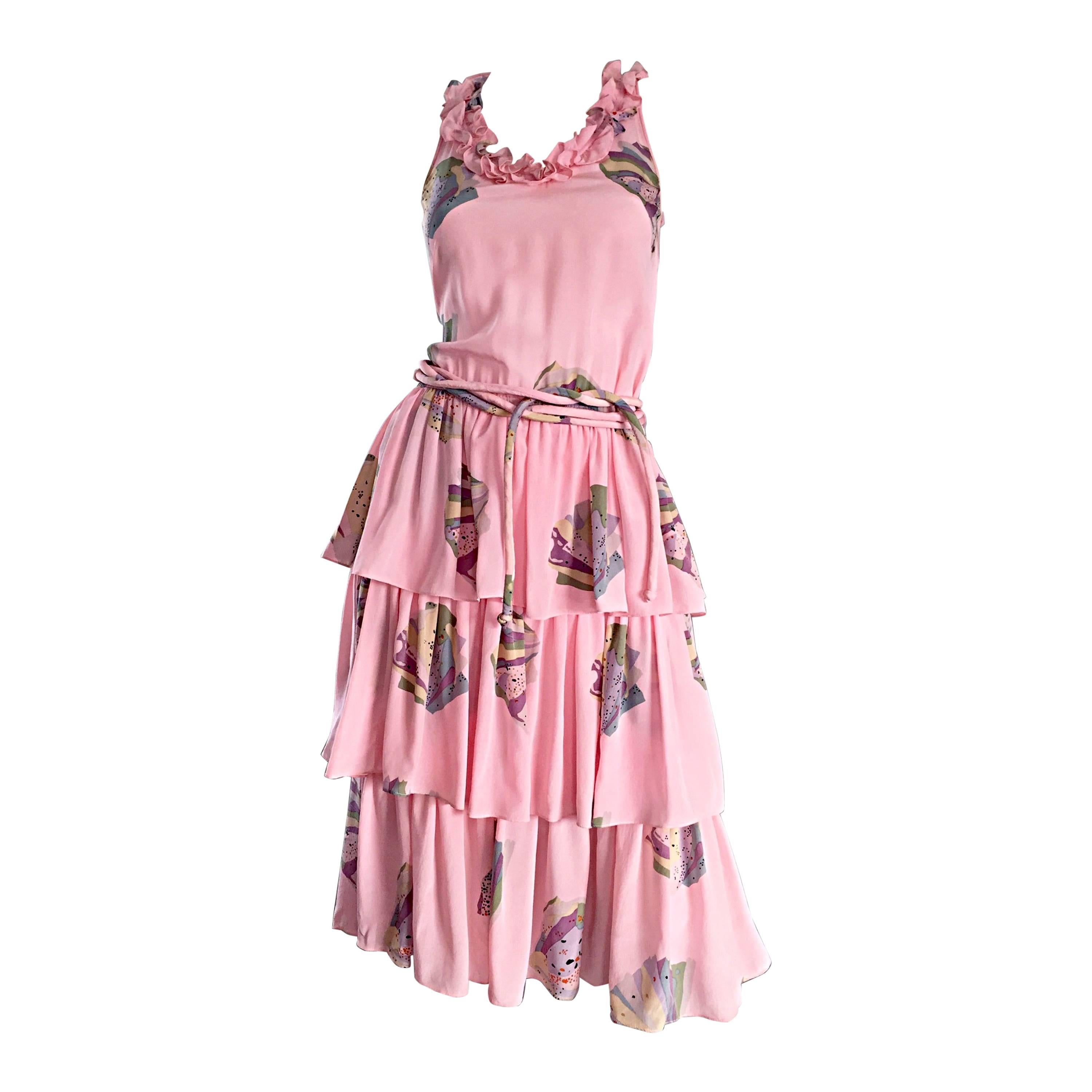 Vintage Mary McFadden Light Pink ' Fan ' Print Ruffle Tiered Silk Dress w/ Belt For Sale