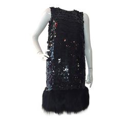 Norman Ambrose Black Paillette Cocktail Shift Dress w/ Fox Trimmed Hem 5