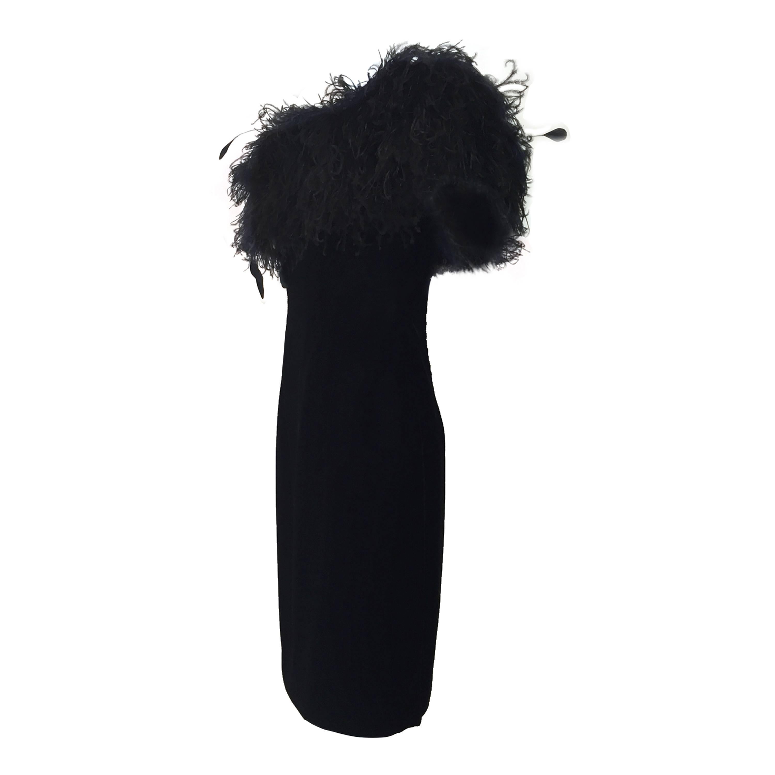 1980s Victor Costa Strapless Black Velvet Cocktail Dress w/ Extravagant Feathers