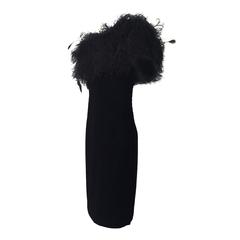 1980s Victor Costa Strapless Black Velvet Cocktail Dress w/ Extravagant Feathers