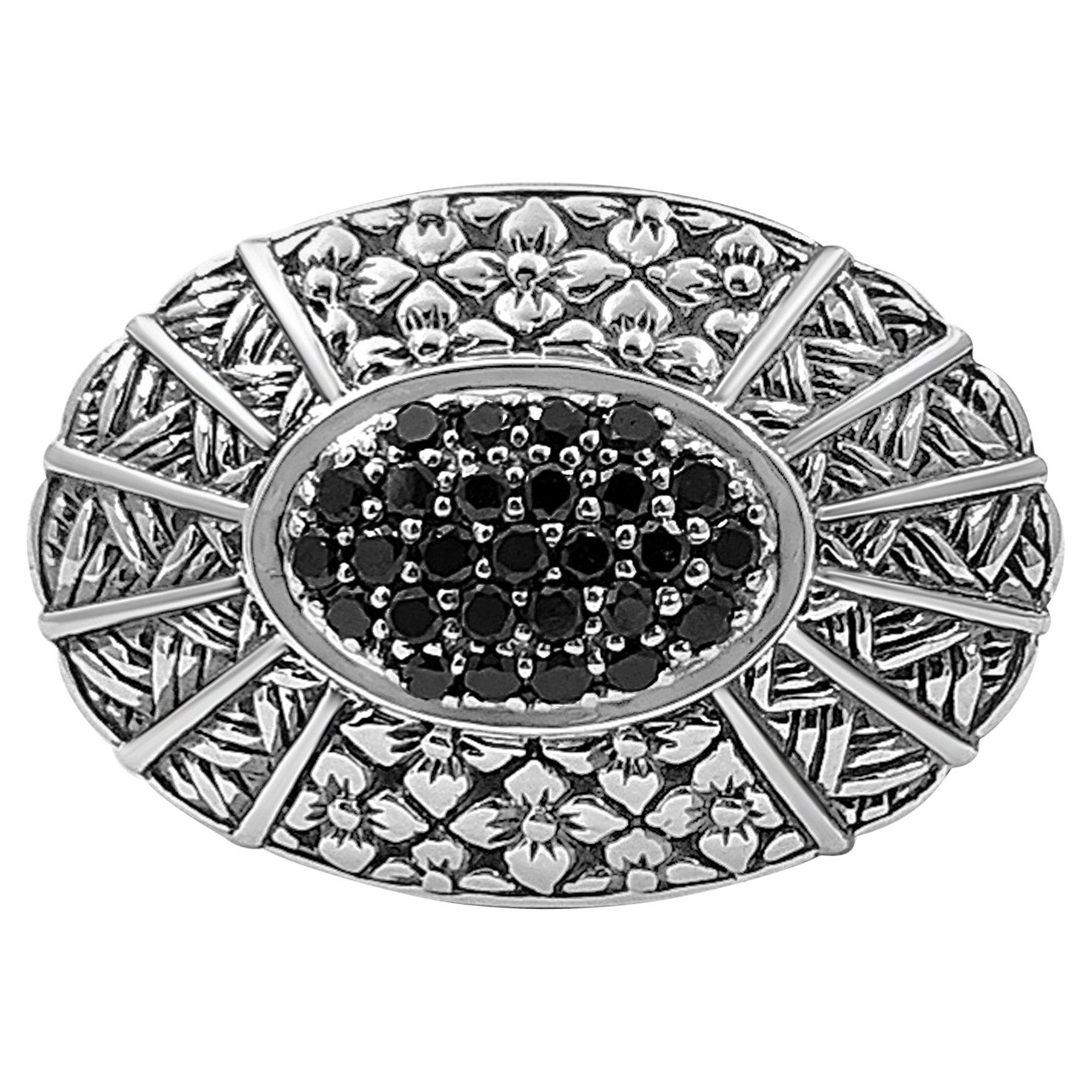 Kyoto Black Diamond & Engraved Sterling Silver Ring  For Sale