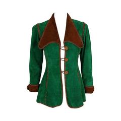 Vintage 1960's North Beach Leather Whipstitch Emerald-Green & Brown Suede Fitted Jacket