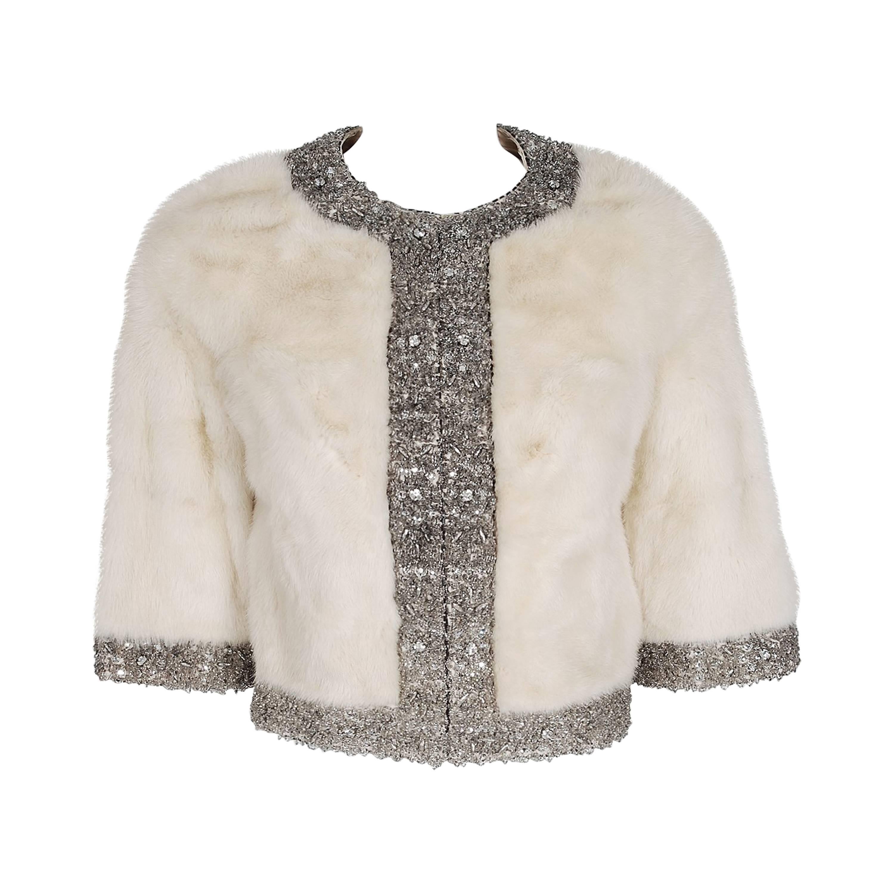1950's Rhinestone Crystal Beaded Ivory-White Mink Fur Cropped Bolero Jacket