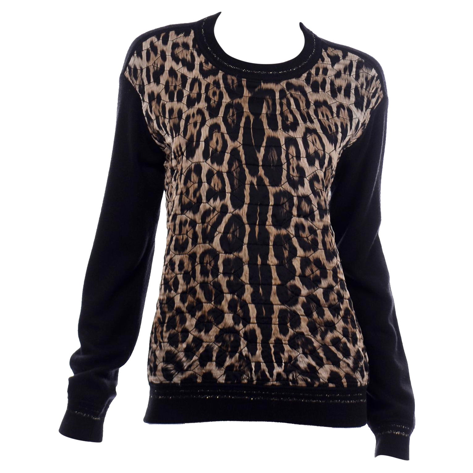 Roberto Cavalli Quilted Silk and Wool Knit Leopard Print Sweater Top