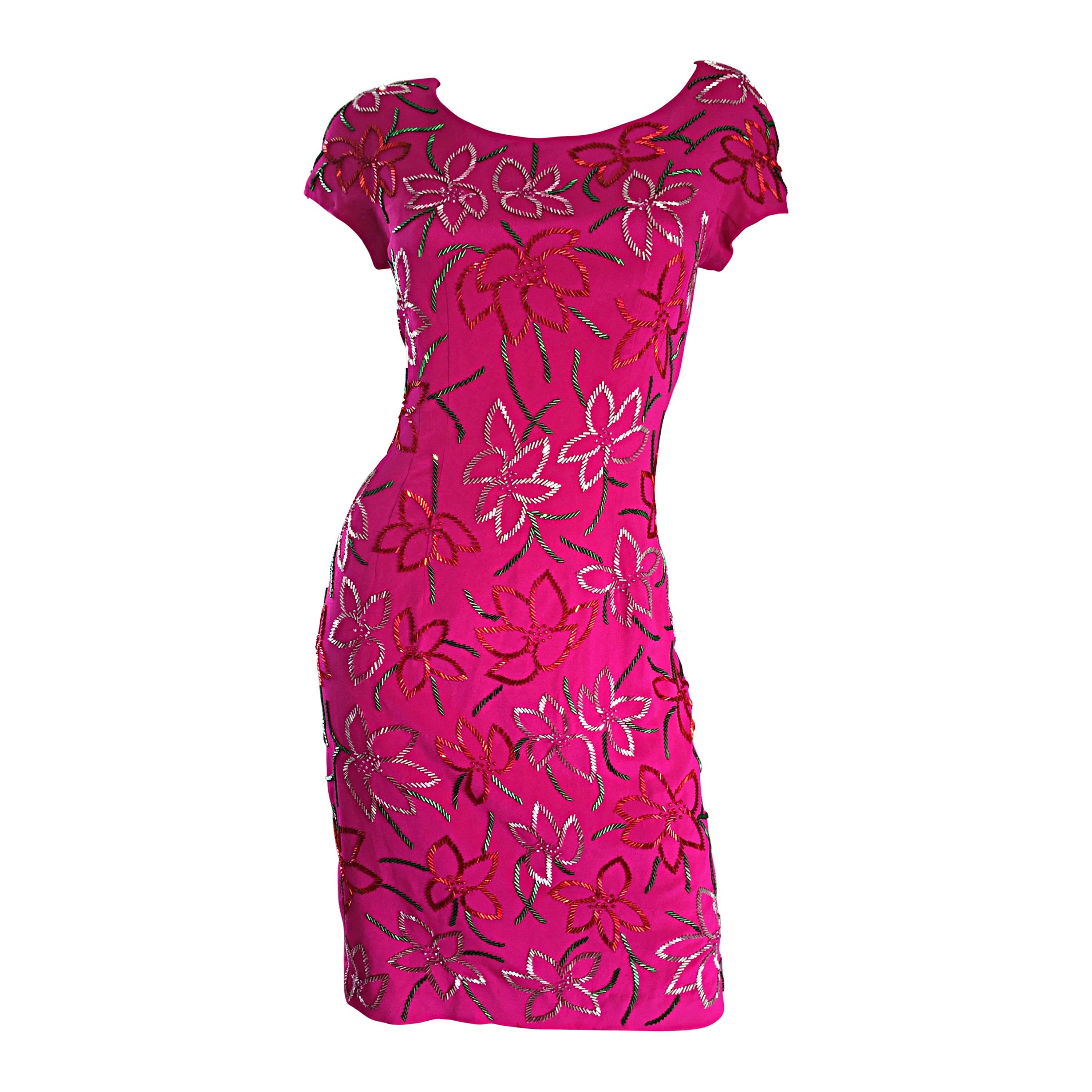 Wonderful Carmen Marc Valvo Early 90s Hot Pink Fuchsia Beaded Vintage Silk Dress For Sale