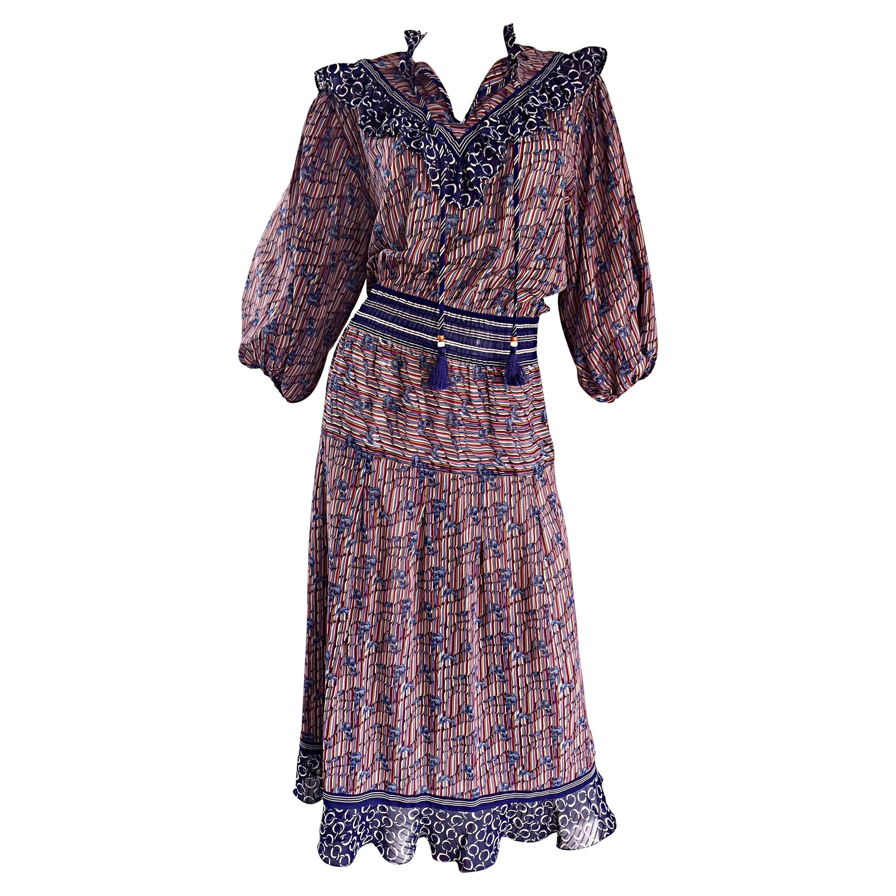 Vintage Diane Freis ' Horsebit + Leaves ' Printed Bohemian / Boho Tassel Dress