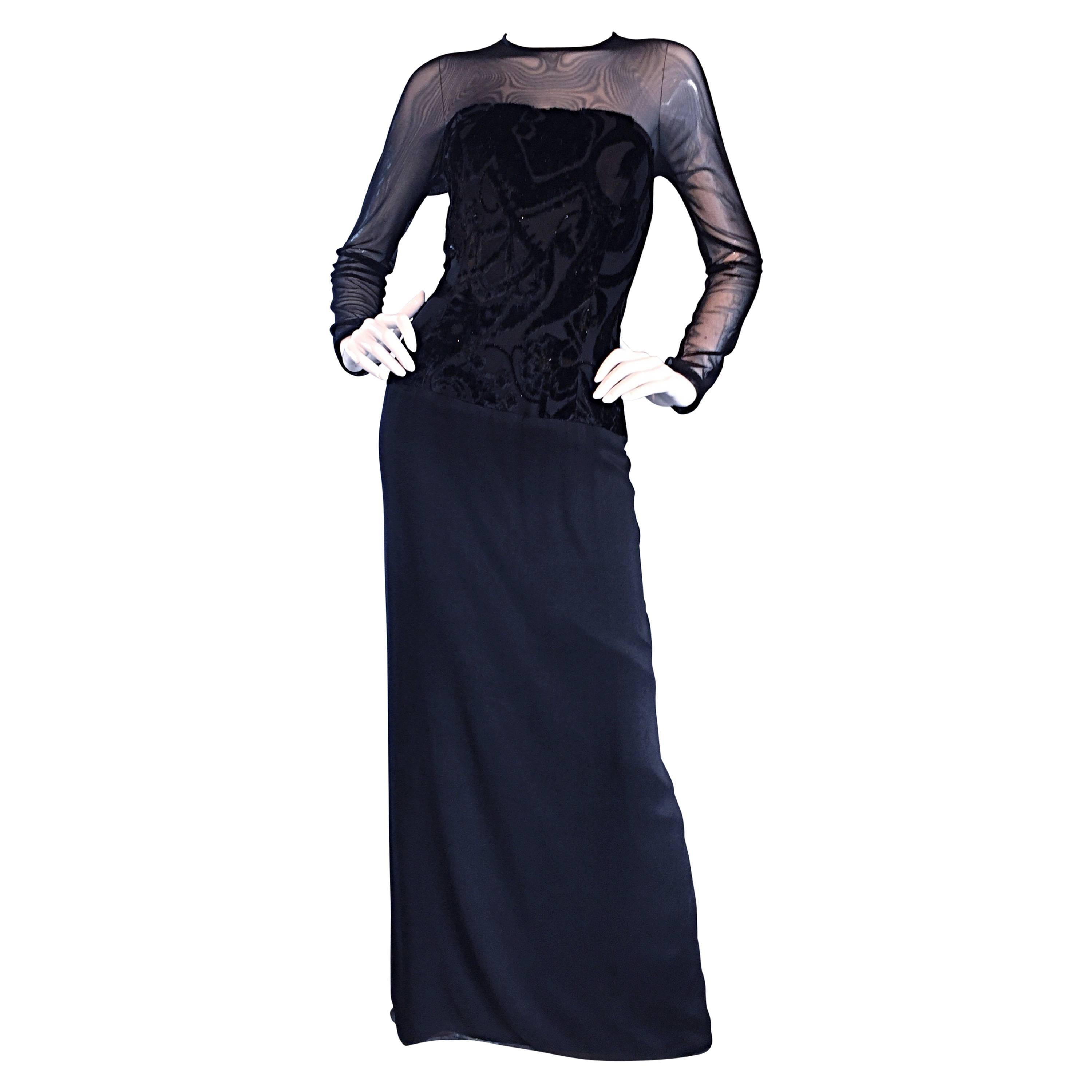 Vintage Michael Casey Couture Size 12 Black Silk Long Sleeve Metallic Dress Gown