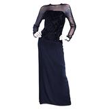 Vintage Michael Casey Couture Taglia 12 Abito in seta nera a maniche lunghe metallizzato