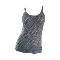 Vintage Malcolm Starr by Rizkallah 1970s 70s Grey Beaded Rhinestone Crochet Top