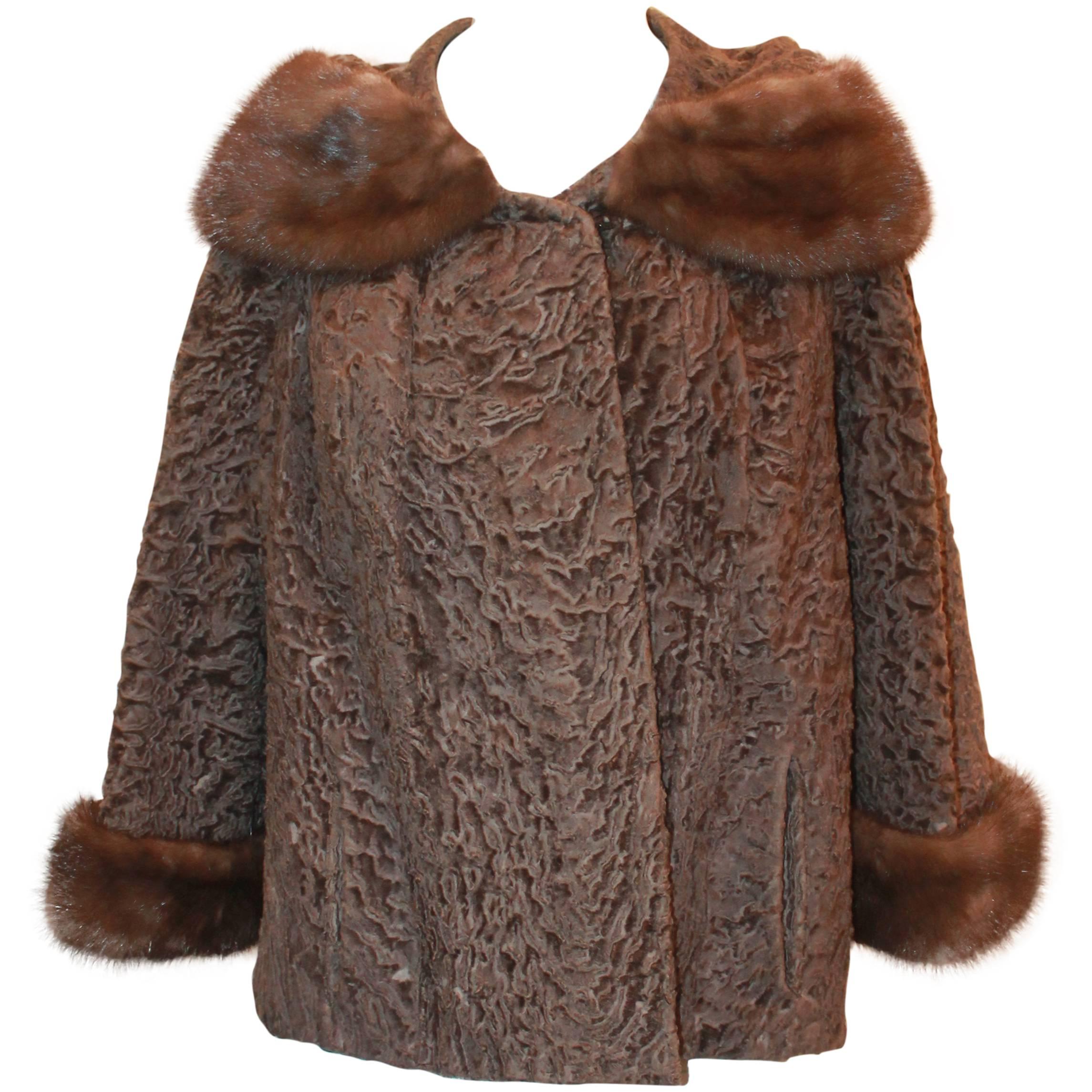 Vintage Brown Persian Lamb Jacket with Mink Collar & Cuffs - M For Sale