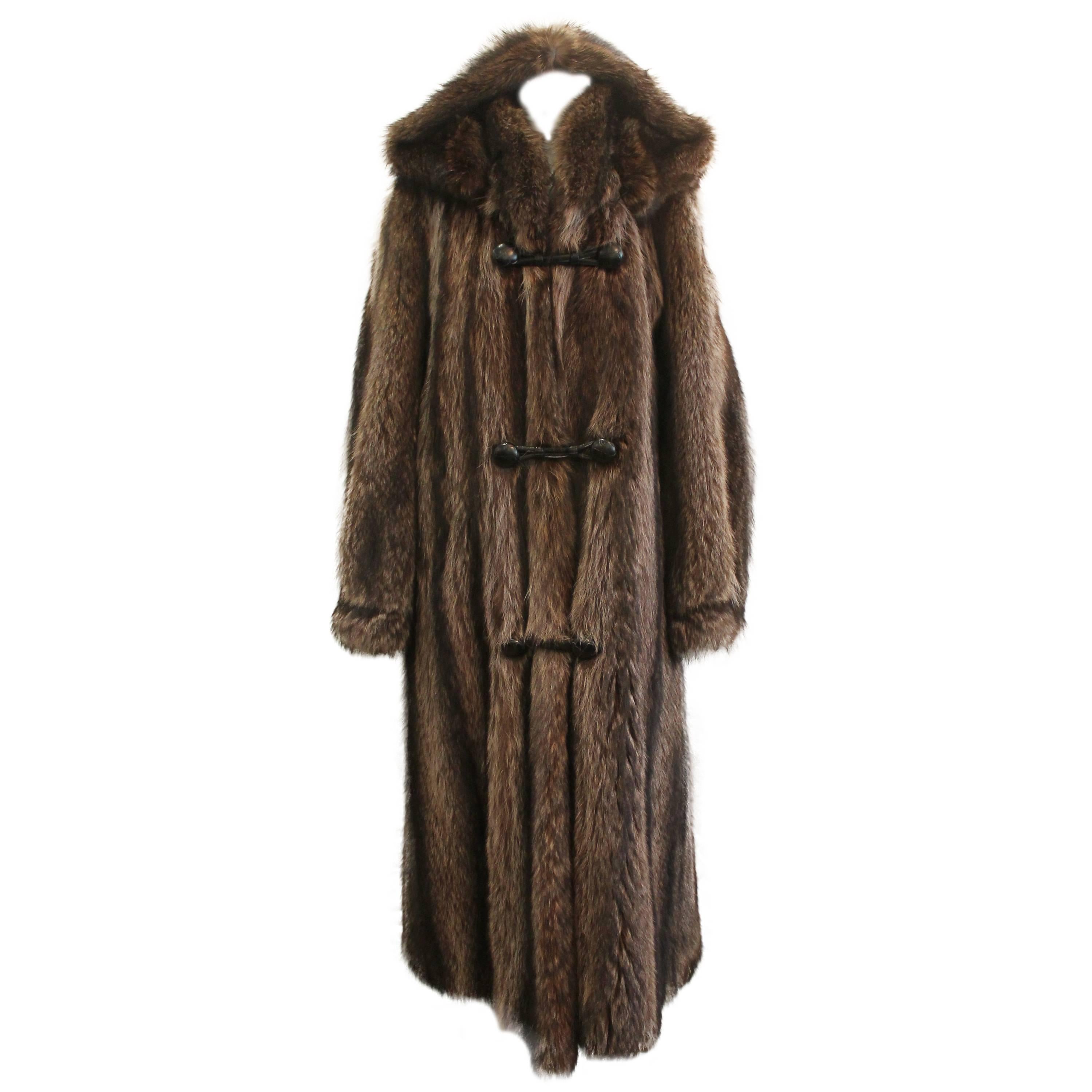 Custom Montgomery Style Hooded Brown Raccoon Full Coat - M