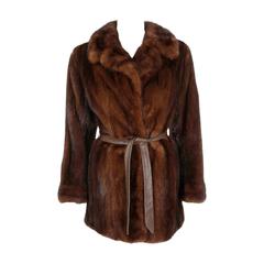 Vintage 1960's Exquisite Chestnut-Brown Mink Fur & Genuine Leather Belted Coat Jacket