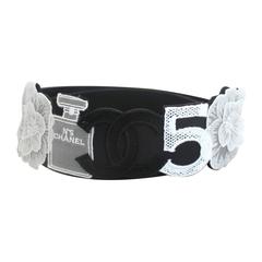 Chanel Limited Edition Black & White Grosgrain Belt with Chanel Motifs