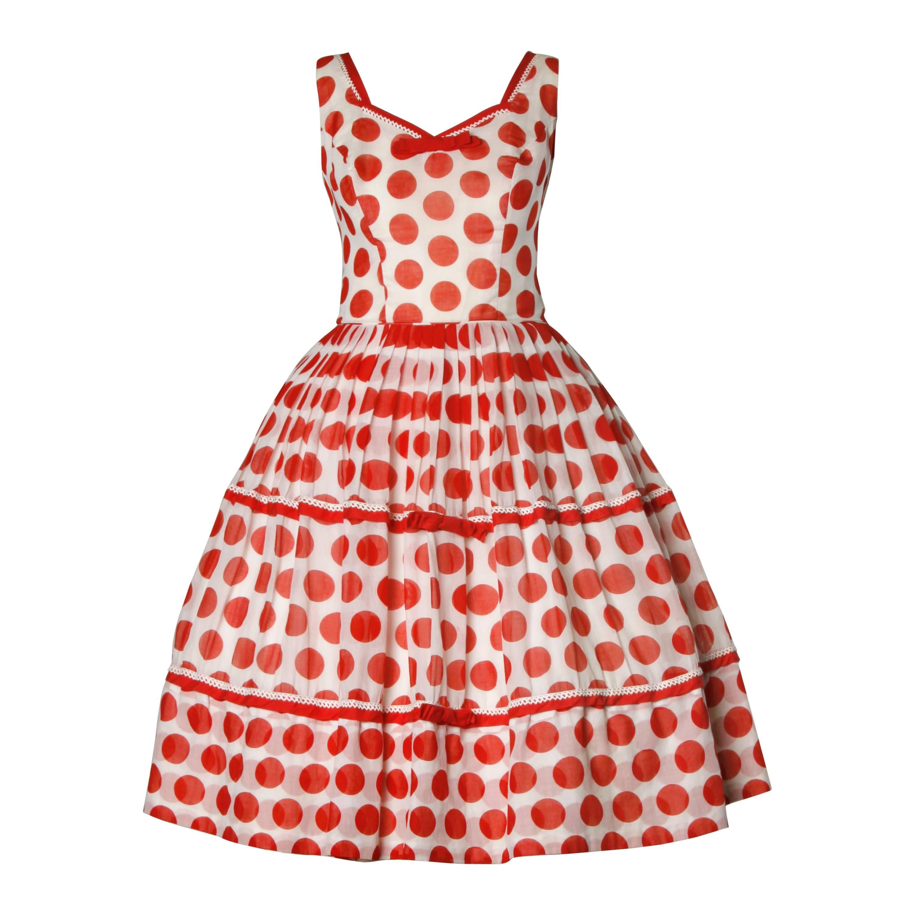 1950s Vintage Red + White Polka Dot Print Party Dress