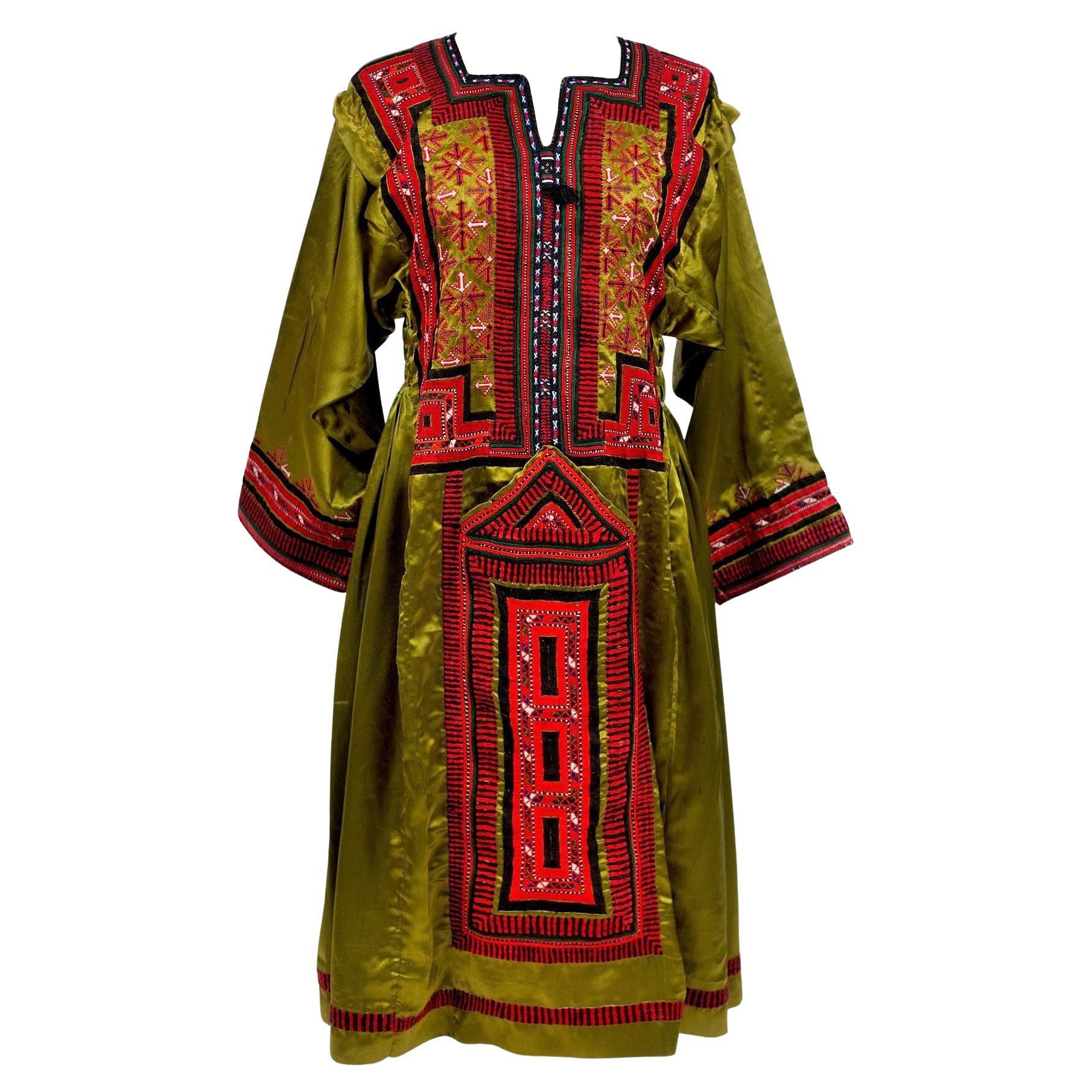 An Ethnic Bronze Satin Blouse Embroidered Dress - India Circa 1970 For Sale