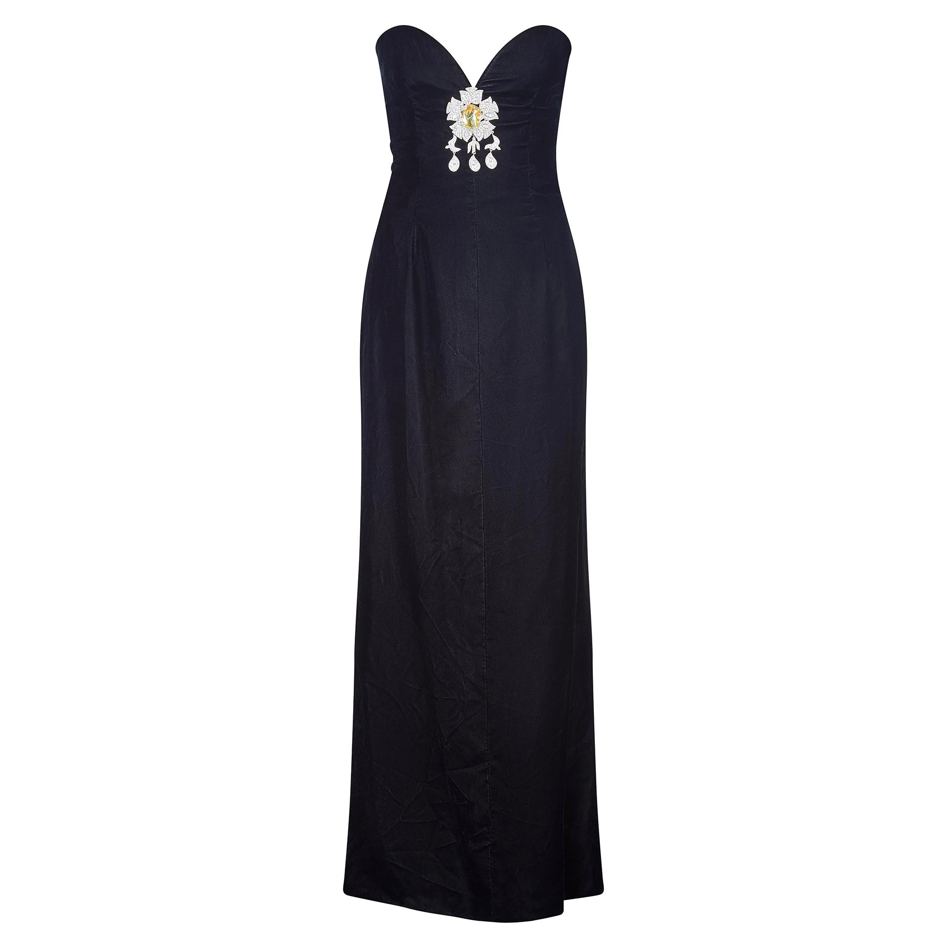 1980s Yves Saint Laurent Haute Couture Brooch Detail Black Evening Dress