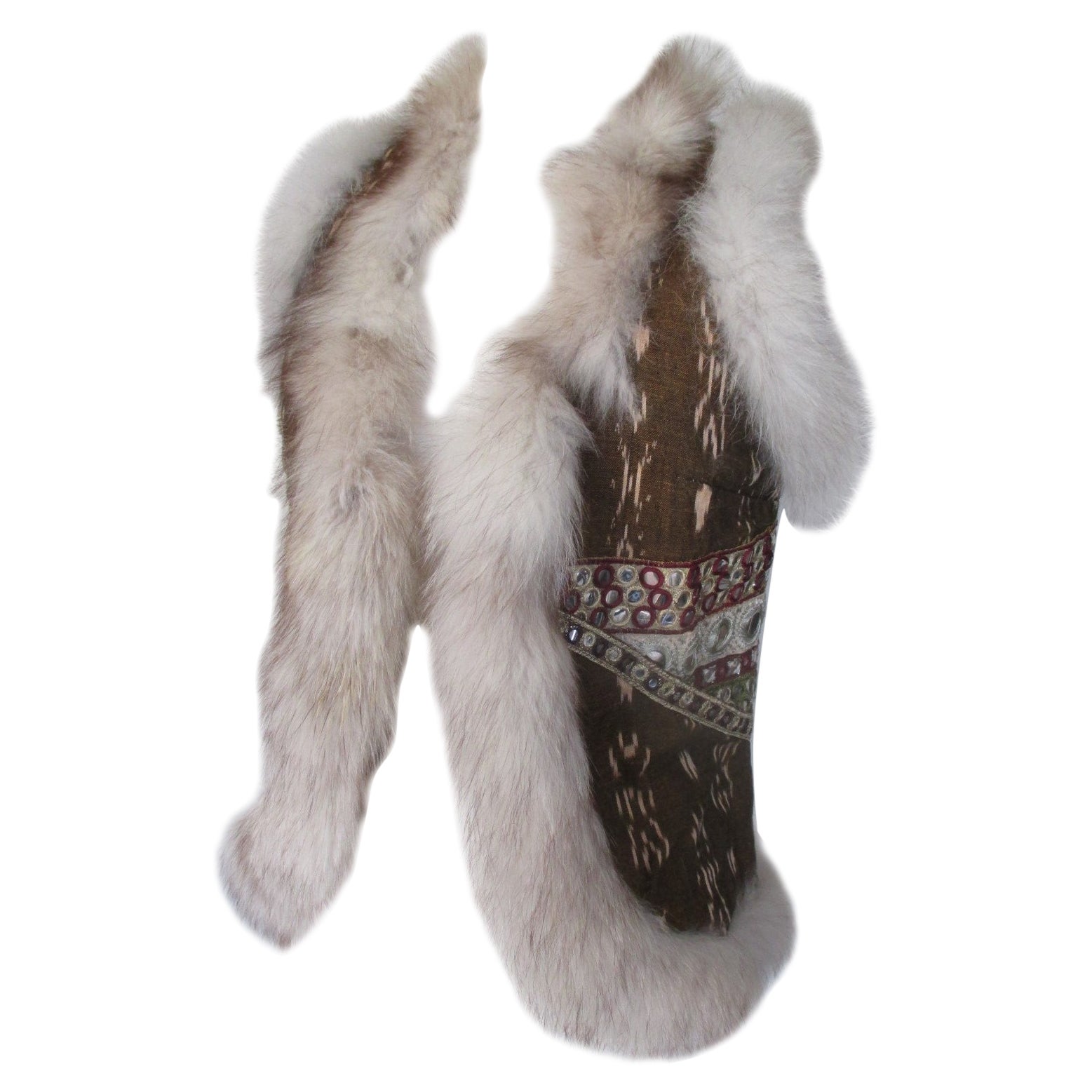 Brown Silver Ikat Gilet with Fox Fur 