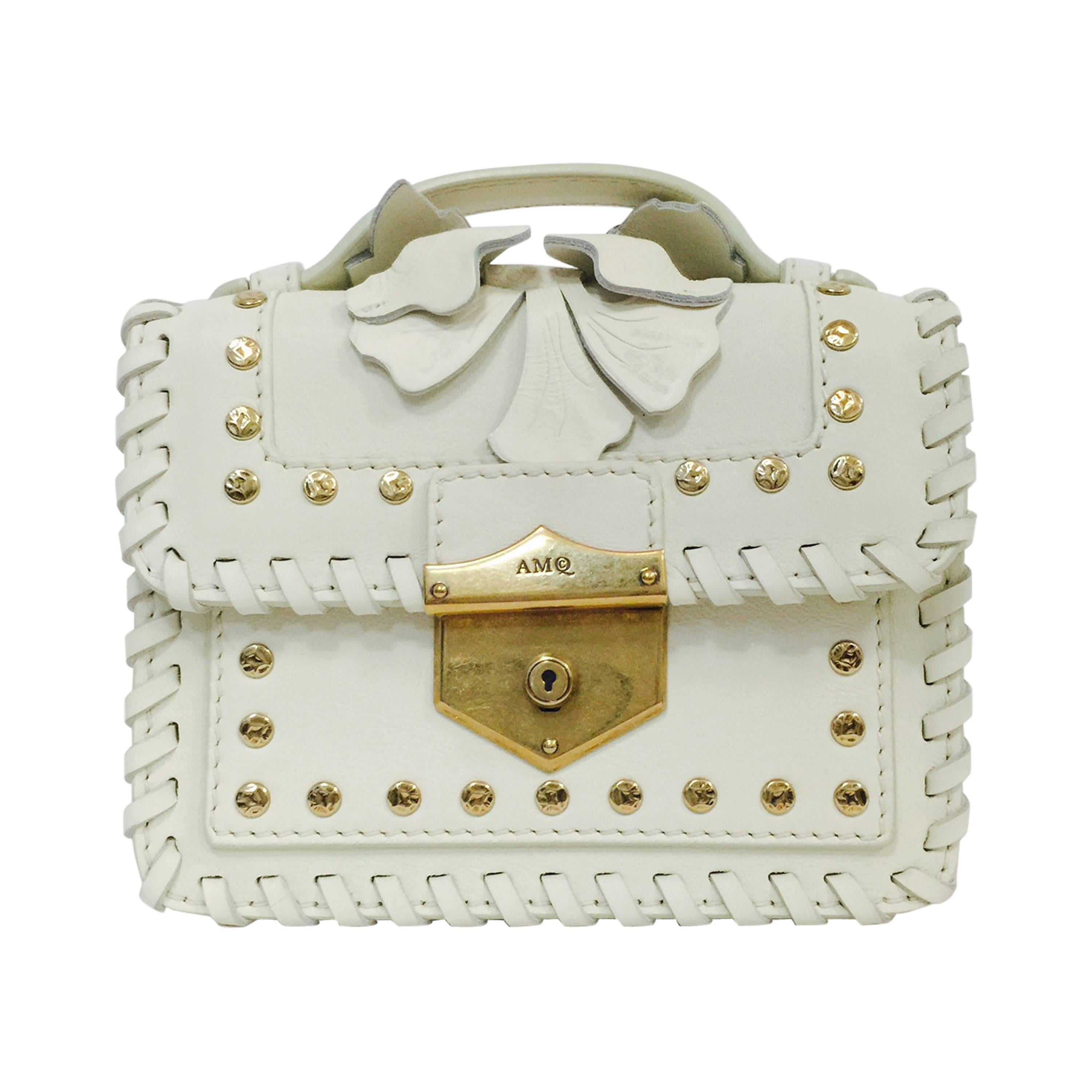  Alexander McQueen White Leather Crossbody Bag W Leaf Appliques Studs