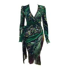 New Emilio Pucci Print Long Sleeve Belted Wrap Dress With Fringe Hem 