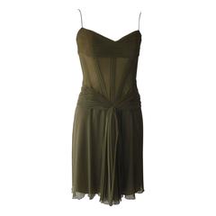 1980s Vicky Tiel Couture Sage Green Silk Corset Dress (s)